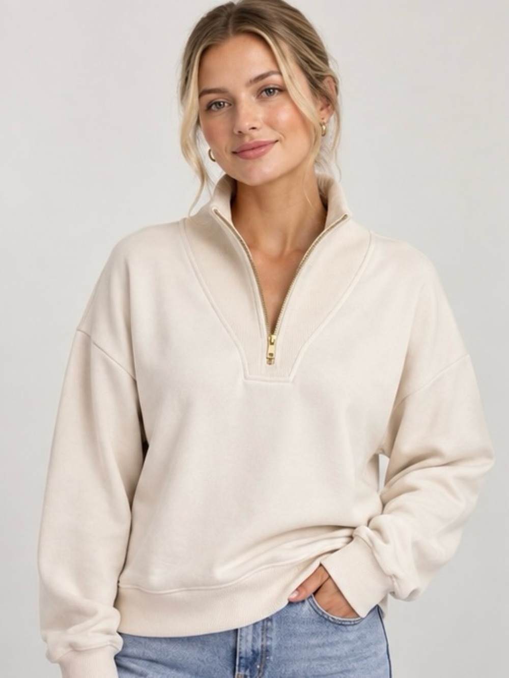 Hannah Childs Ivory Quarter Zip Oversized Sweatshirt XS Rose Embroidery